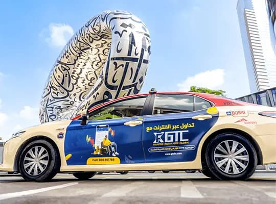 Dubai taxi advertising - full wrap branding on Dubai taxi fleet